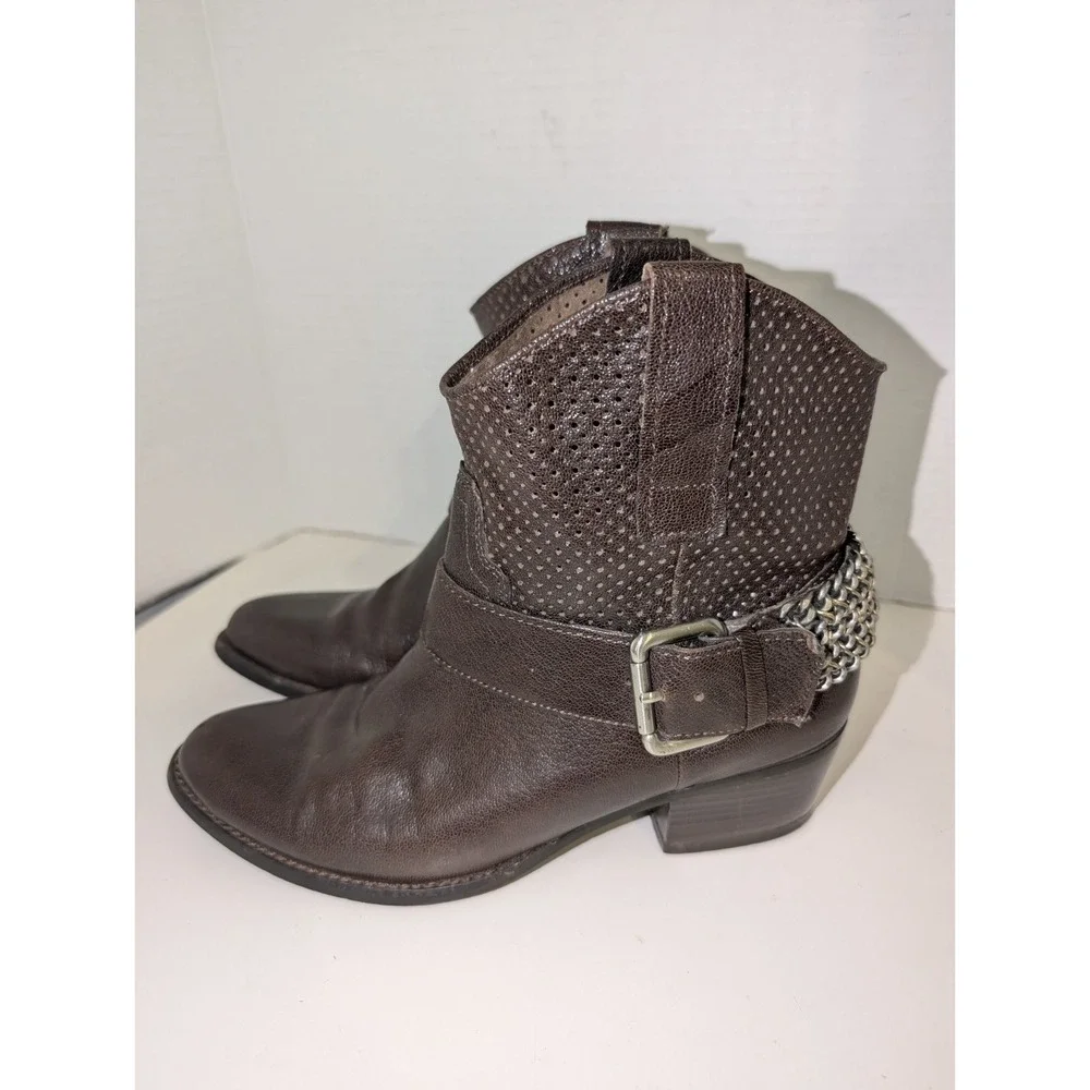 BCBG Women's Leather Brown‎ Western Boots with Buckle and Chain Detail Size 6.5B